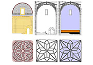 Seis diagramas arquitectónicos: tres secciones de nave con bóveda y tres patrones geométricos de nervaduras.